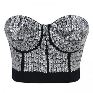 Burlesque Fashion Beaded Sequins Push Up Crop Top Bustier Bra Silver