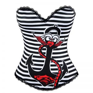 Burlesque Stripe Anchor Print Punk Rock N Roll Fashion Boned Bustier Top Halloween Costume Corset Stripe-Black