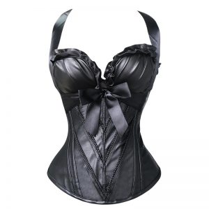 Burlesque Vintage Fashion Classic Leather Halter Bustier Corset Top with Zipper Leather Leather-black