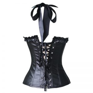 Burlesque Vintage Fashion Classic Leather Halter Bustier Corset Top with Zipper Leather Leather-black