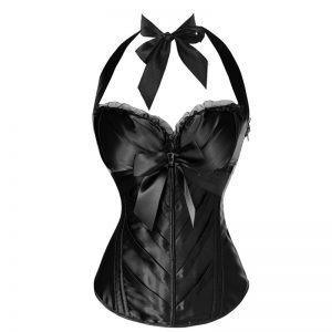 Burlesque Vintage Fashion Classic Satin Halter Bustier Corset Top with Zipper Black