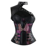 Gothic Steampunk One Shoulder Bohemian Pattern Leather Overbust Corset with Shrug and Buckles Black/Purple