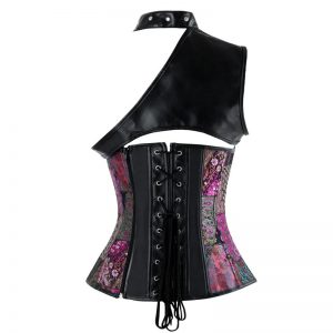 Gothic Steampunk One Shoulder Bohemian Pattern Leather Overbust Corset with Shrug and Buckles Black/Purple
