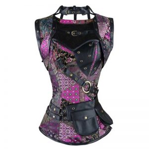 Steel Boned Retro Goth Brocade Steampunk Bustiers Corset Top with Jacket and Belt Multicolored