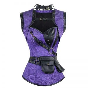 Steel Boned Retro Goth Brocade Steampunk Bustiers Corset Top with Jacket and Belt Purple