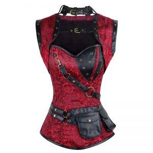 Steel Boned Retro Goth Brocade Steampunk Bustiers Corset Top with Jacket and Belt Red