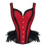 Women's Gothic Lace Up Boned Overbust Bustier Corset Top with Feather Red