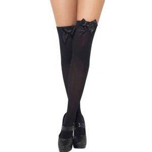 Bow Top Opaque Thigh High Stockings - Black with Black Bows