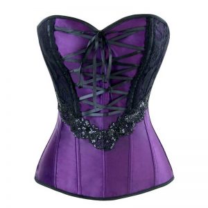 Burlesque Fashion Satin Sequins Lace Trim Overbust Corset Top Purple