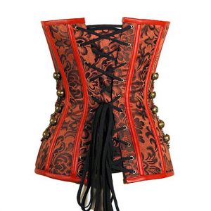 Red Flower Embroidered Steel Boned Steampunk Over Bust Corset