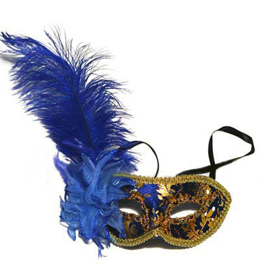 Blue and Gold Ostrich Feather Venetian Masquerade Mask - United Costumes