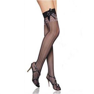 Sheer Vertical Stripes Thigh High with Black Bow